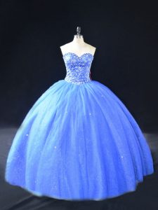 Fancy Blue Tulle Lace Up Sweetheart Sleeveless Floor Length Sweet 16 Dresses Beading