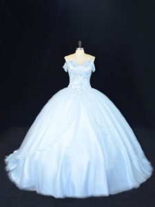 Blue Quinceanera Gown Sweet 16 and Quinceanera with Beading Off The Shoulder Sleeveless Court Train Lace Up