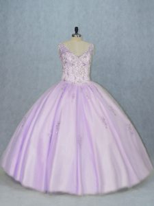 Exquisite Tulle V-neck Sleeveless Lace Up Beading Vestidos de Quinceanera in Lavender