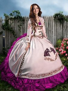 Fuchsia Organza Lace Up Quince Ball Gowns Sleeveless Floor Length Embroidery