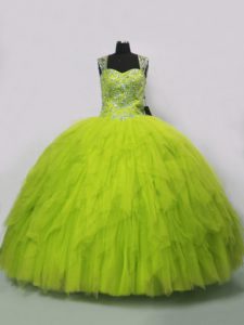 Yellow Green Ball Gowns Beading and Ruffles Quinceanera Dress Lace Up Tulle Sleeveless Floor Length