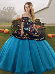 Sleeveless Tulle Floor Length Lace Up Quinceanera Gowns in Blue And Black with Embroidery