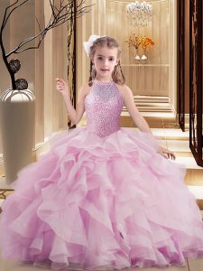 Perfect Lilac Tulle Lace Up High-neck Sleeveless Floor Length Girls Pageant Dresses Beading and Ruffles