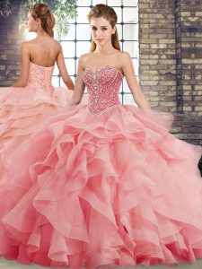 New Style Watermelon Red Sweetheart Neckline Beading and Ruffles 15 Quinceanera Dress Sleeveless Lace Up