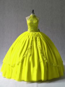 Floor Length Yellow Green 15 Quinceanera Dress Halter Top Sleeveless Lace Up