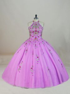 Tulle Halter Top Sleeveless Brush Train Lace Up Appliques and Embroidery Quinceanera Dresses in Lilac