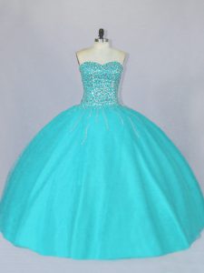 Attractive Beading Quinceanera Gowns Aqua Blue Lace Up Sleeveless Floor Length