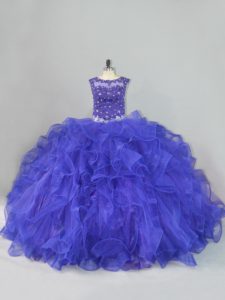 Sleeveless Floor Length Beading and Ruffles Lace Up Quinceanera Gowns with Blue