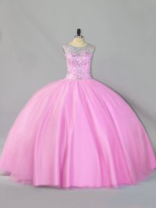 Modest Sequins Quince Ball Gowns Baby Pink Zipper Sleeveless Floor Length