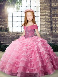 Beauteous Sleeveless Beading and Ruffled Layers Lace Up Kids Pageant Dress with Rose Pink Brush Train