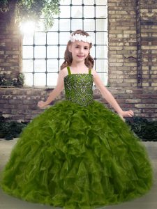 Straps Sleeveless Little Girl Pageant Gowns Floor Length Beading and Ruffles Olive Green Organza