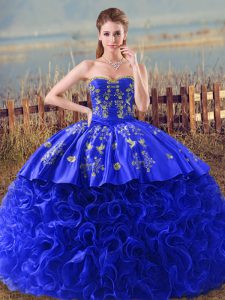 Sleeveless Embroidery and Ruffles Lace Up Sweet 16 Dress with Royal Blue Brush Train