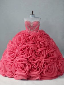 Sweetheart Sleeveless Brush Train Lace Up Ball Gown Prom Dress Coral Red Fabric With Rolling Flowers