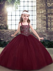 Burgundy Lace Up Little Girls Pageant Dress Beading Sleeveless Floor Length