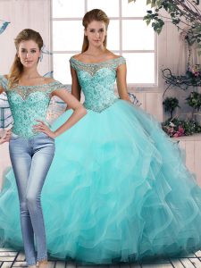 Suitable Beading and Ruffles Quince Ball Gowns Aqua Blue Lace Up Sleeveless Floor Length