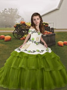 Custom Made Olive Green Pageant Dresses Party and Military Ball and Wedding Party with Embroidery and Ruffled Layers Straps Sleeveless Lace Up