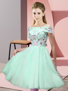 Artistic Apple Green Off The Shoulder Lace Up Appliques Quinceanera Court Dresses Short Sleeves