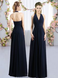 Fashion Navy Blue Halter Top Neckline Ruching Dama Dress for Quinceanera Sleeveless Lace Up