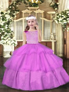 Lilac Girls Pageant Dresses Party and Sweet 16 and Wedding Party with Beading and Ruffled Layers Scoop Sleeveless Zipper