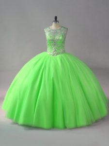 Decent Sleeveless Tulle Floor Length Lace Up Vestidos de Quinceanera in with Beading