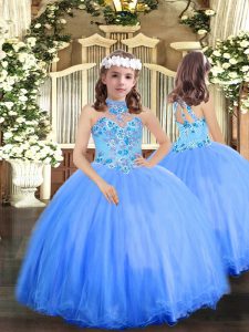 Blue Tulle Lace Up Little Girls Pageant Dress Wholesale Sleeveless Floor Length Appliques