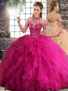 Fuchsia Sleeveless Tulle Lace Up Quinceanera Gowns for Military Ball and Sweet 16 and Quinceanera