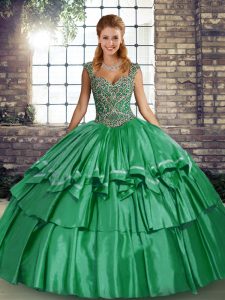 Romantic Green Ball Gowns Beading and Ruffled Layers Quince Ball Gowns Lace Up Taffeta Sleeveless Floor Length