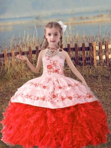 Superior Coral Red Ball Gowns Organza Halter Top Sleeveless Beading and Embroidery and Ruffles Floor Length Lace Up Pageant Dress