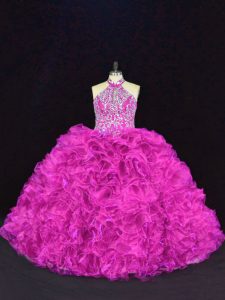 On Sale Halter Top Sleeveless Quinceanera Gown Floor Length Beading and Ruffles Fuchsia Organza