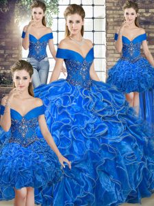 Trendy Royal Blue Organza Lace Up Off The Shoulder Sleeveless Floor Length Quinceanera Dresses Beading and Ruffles