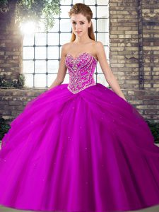 Sleeveless Tulle Brush Train Lace Up Quinceanera Dresses in Fuchsia with Beading and Pick Ups