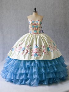 Fashionable Sweetheart Sleeveless Sweet 16 Quinceanera Dress Floor Length Embroidery and Ruffled Layers Blue And White Satin and Organza