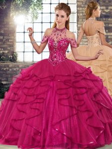 Traditional Halter Top Sleeveless Tulle Quinceanera Dress Beading and Ruffles Lace Up