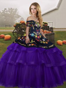 Stunning Black And Purple Tulle Lace Up Vestidos de Quinceanera Sleeveless Brush Train Embroidery and Ruffled Layers