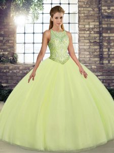 Yellow Green Ball Gowns Tulle Scoop Sleeveless Embroidery Floor Length Lace Up Quinceanera Gown