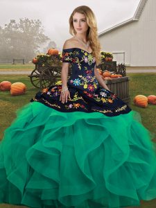 Turquoise Off The Shoulder Neckline Embroidery and Ruffles Quinceanera Dress Sleeveless Lace Up