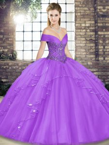 Trendy Lavender Ball Gowns Tulle Off The Shoulder Sleeveless Beading and Ruffles Floor Length Lace Up Quinceanera Gowns