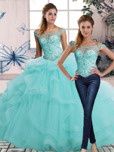 Sleeveless Tulle Floor Length Lace Up Quinceanera Dress in Aqua Blue with Beading and Ruffles