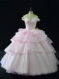 Pink Off The Shoulder Neckline Beading and Ruffled Layers Quince Ball Gowns Sleeveless Lace Up