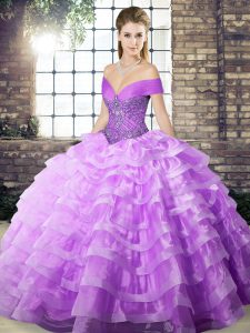 Affordable Lavender Sleeveless Brush Train Beading and Ruffled Layers Ball Gown Prom Dress