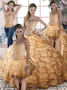 Gold Sleeveless Brush Train Beading and Ruffled Layers Quinceanera Gowns