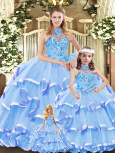 Sleeveless Embroidery and Ruffled Layers Lace Up Quince Ball Gowns with Blue