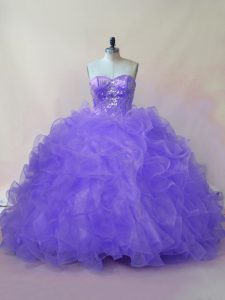 Designer Lavender Ball Gowns Organza Sweetheart Sleeveless Beading and Ruffles Floor Length Lace Up Quinceanera Dress