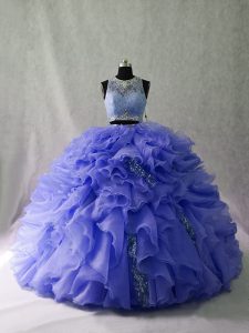 Lavender Two Pieces Organza Scoop Sleeveless Ruffles and Sequins Zipper 15th Birthday Dress Brush Train