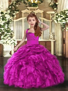 Lovely Fuchsia Ball Gowns Organza Straps Sleeveless Ruffles Floor Length Lace Up Little Girls Pageant Dress