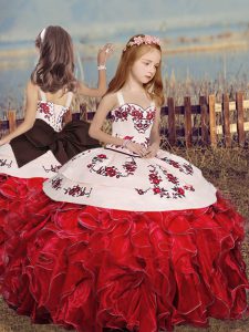 Red Ball Gowns Straps Sleeveless Organza Floor Length Lace Up Embroidery and Ruffles Child Pageant Dress