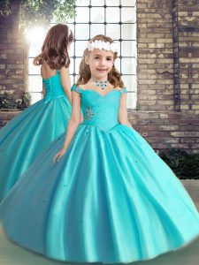 Admirable Tulle Straps Sleeveless Lace Up Beading and Ruching Pageant Gowns For Girls in Baby Blue