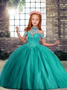 Hot Selling Turquoise Lace Up High-neck Beading Child Pageant Dress Tulle Sleeveless