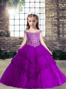 Eggplant Purple Ball Gowns Beading and Lace and Appliques Little Girl Pageant Dress Lace Up Chiffon Sleeveless Floor Length