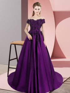 Eggplant Purple Zipper Off The Shoulder Appliques Quinceanera Dress Satin Sleeveless Court Train